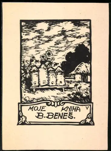 Exlibris B. Benes, Landschaft mit Bienenkörben