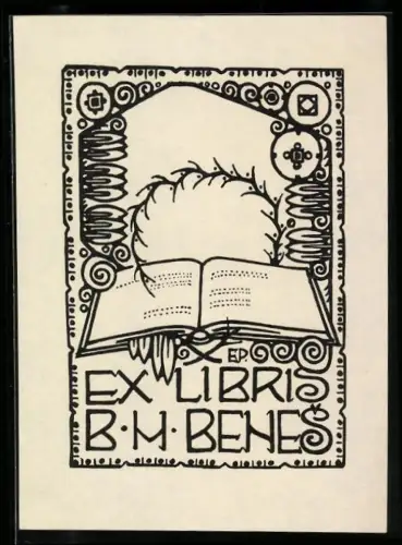Exlibris B. H. Benes, Buch mit Pflanzenmotiv