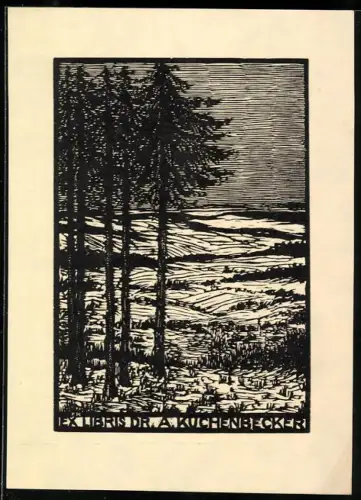 Exlibris Dr. A. Kuchenbecker, Winterlandschaft mit Bäumen im Vordergrund