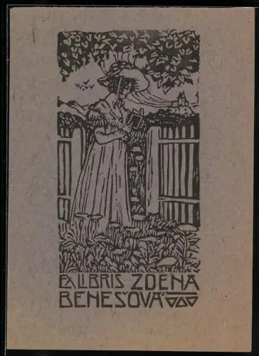 Exlibris Zdena Behesová, Frau im Garten mit Buch