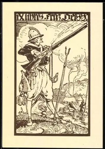 Exlibris Fritz Deiss, Musketier und Lagerfeuer-Szene