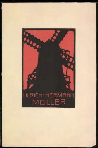 Exlibris Ulrich-Hermann Müller, Windmühlen-Silhouette in Rot und Schwarz
