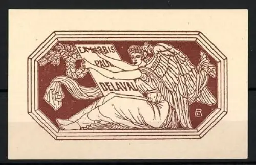 Exlibris Paul Delaval, Engel mit Kranz und Tafel