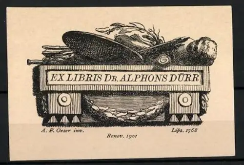 Exlibris Dr. Alphons Dürr, Farbpalette, Pinsel und Büste