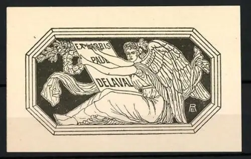 Exlibris Paul Delaval, Engel mit Schriftrolle und Lorbeerkranz