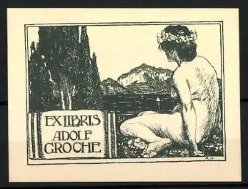 Exlibris Adolf Groche, Frau am Seeufer mit Berglandschaft