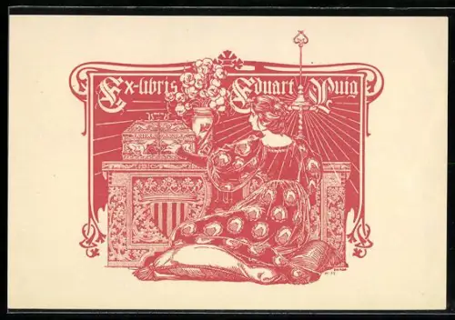 Exlibris Eduart Puin, Frau sitzt vor einer Schatulle