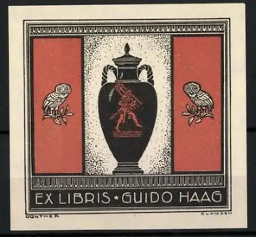 Exlibris Guido Haag, Antike Vase und Eulen von Gunter Clausen