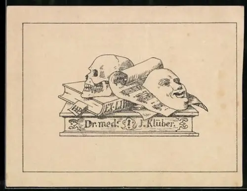 Exlibris Dr. med. J. Klüber, Schädel und Maske auf Büchern