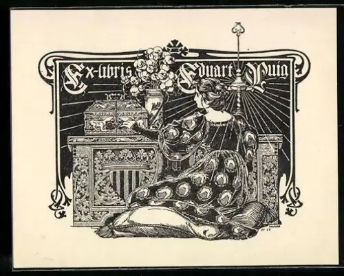 Exlibris Eduard Puig, Frau mit Blumen in Jugendstil-Dekor