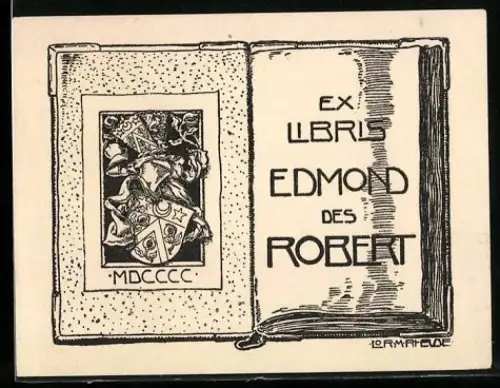 Exlibris Edmond des Robert, Wappen mit Helm in einem Buch