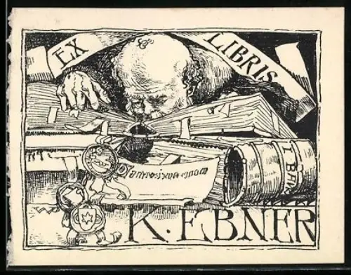 Exlibris K. Ebner, Gelehrter über Büchern