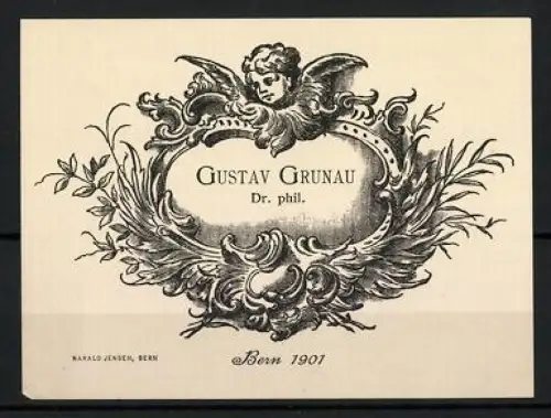 Exlibris Gustav Grunau, Engel über dem Namen