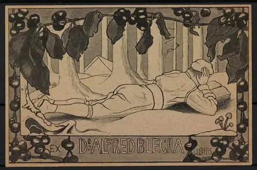 Exlibris Alfred Blecha, Waldszene mit lesendem Mann, Jugendstil