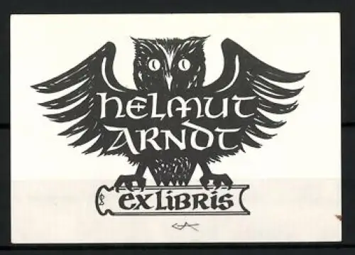 Exlibris Helmut Arndt, Eule mit ausgebreiteten Flügeln