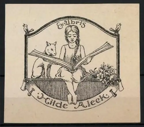 Exlibris Hilde Aleck, Mädchen mit Buch und Katze