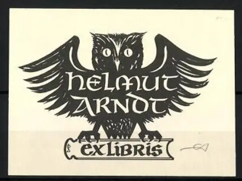 Exlibris Helmut Arndt, Eule mit ausgebreiteten Flügeln
