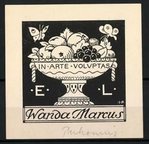 Exlibris Wanda Marcus, In Arte Voluptas, Schmetterlinge bei einer Schale mit Obst