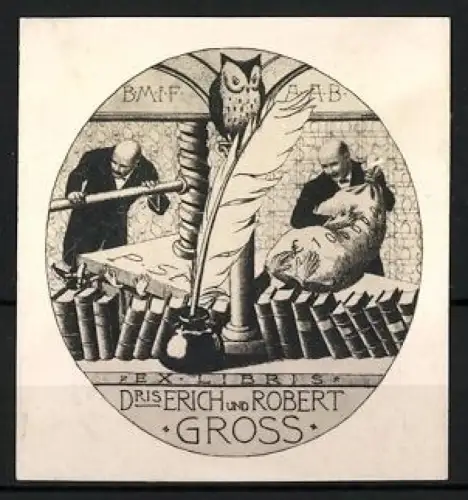 Exlibris Dr. Erich und Robert Gross, Eule und Feder zwischen Bücherregalen