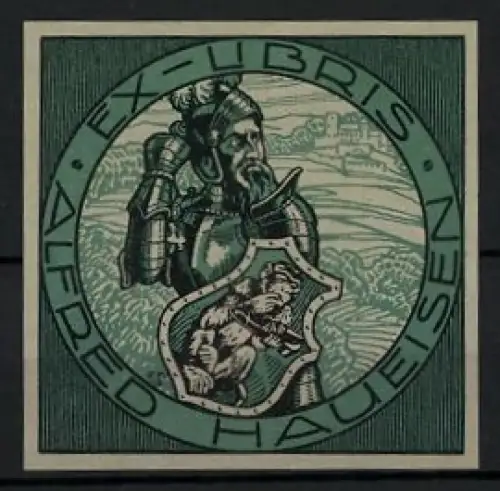 Exlibris Alfred Haueisen, Ritter mit Löwenschild im Grünen