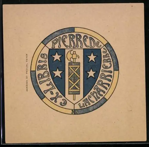 Exlibris Pierre de Lacharrierre, Sterne und Wappen, Fasces