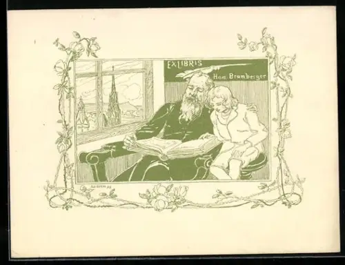 Exlibris Hans Bramberger, Gelehrter mit Kind am Fenster