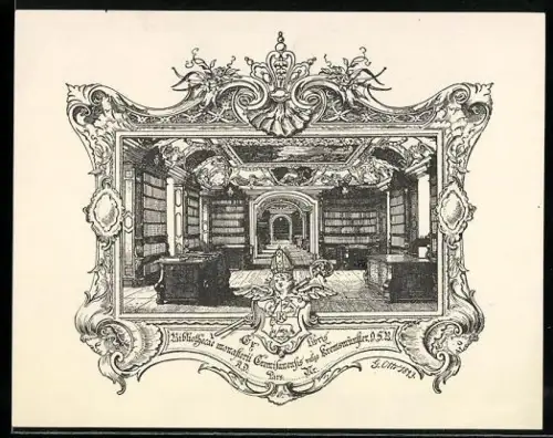 Exlibris Bibliotheksmotiv mit verzierter Rahmung und Wappen