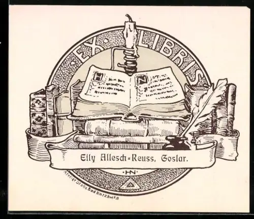 Exlibris Elly Allesch-Reuss, Kerze und Bücher