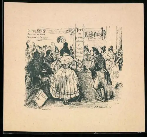 Exlibris Georges Goury, Avocat à la cour, Gerichtsszene mit Publikum und Anwälten