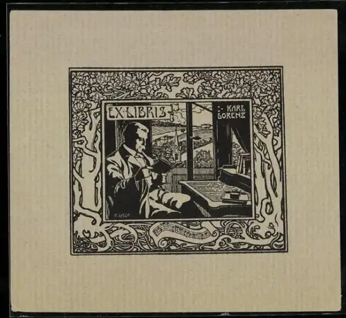 Exlibris Karl Lorenz, Lesender Mann sitzt am Fenster
