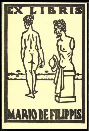 Exlibris Mario de Filippis, Nackte Frau steht vor einer Büste