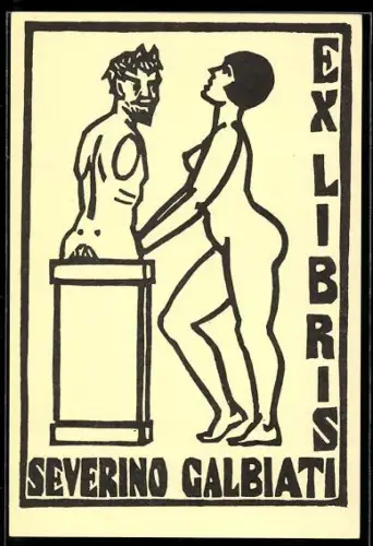 Exlibris Severino Galbiati, Nackte Frau steht vor einer Büste