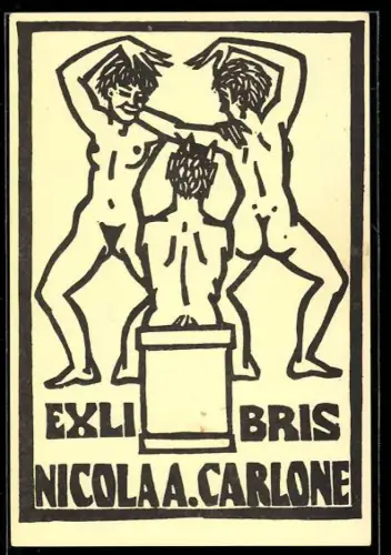 Exlibris Nicola A. Carlone, Tanzende nackte Frauen vor einer Büste