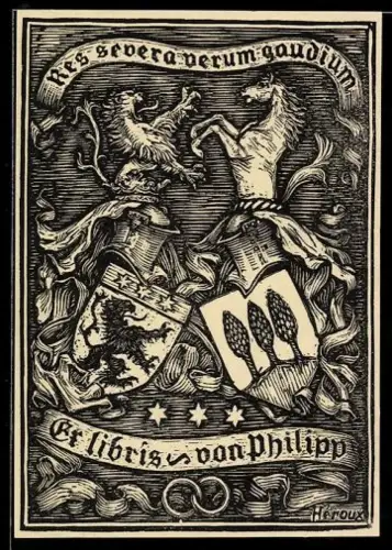 Exlibris Philipp, Res severa verum gaudium, Pferd und Löwe mit Wappen
