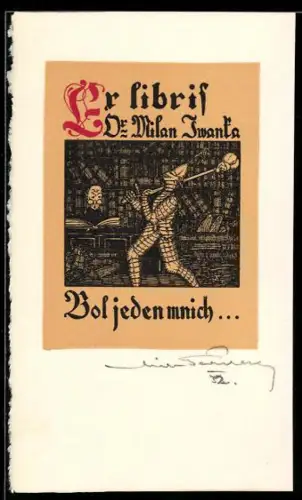 Exlibris Dr. Milan Iwanta, Ritter läuft durch eine Bibliothek