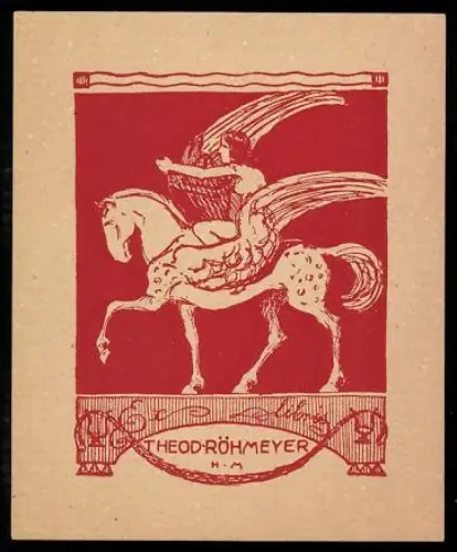 Exlibris Theod. Röhmmeyer, Pegasus mit Reiter, rot