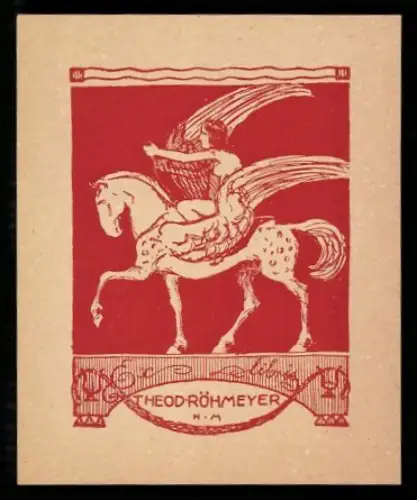 Exlibris Theodor Röhmeyer, Pegasus mit Reiter, rot