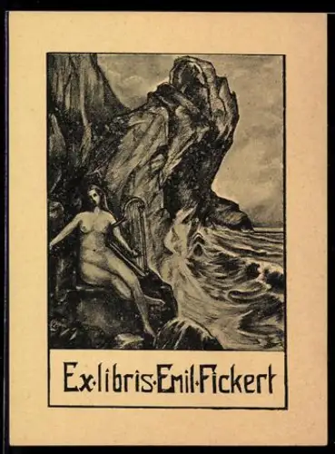 Exlibris Emil Fickert, nackte Frau mit Harfe am Meer / Sirene