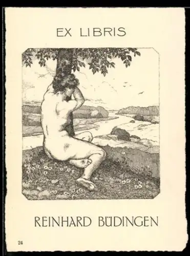 Exlibris Reinhard Büdingen, Nackte Frau unter Baum am Flussufer