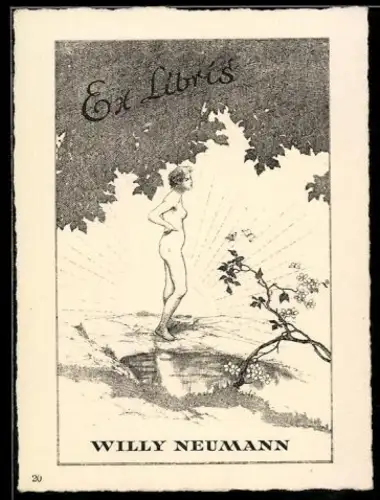 Exlibris Willy Neumann, Nackte Frau im Wald am Wasser stehend