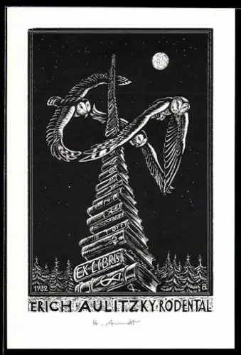Exlibris Erich Aulitzky, Eulen und Bücherstapel unter dem Mond