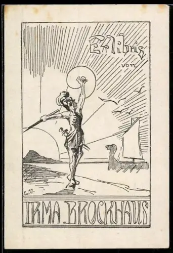 Exlibris Irma Brockhaus, Soldat mit Schwert, Speer und Schild vor einem Sonnernaufgang