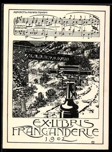 Exlibris Franc Anderle, Allegretto ma non troppo, Fernrohr vor einer Brücke