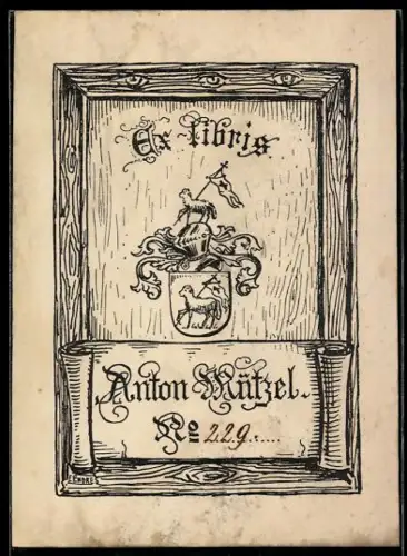 Exlibris Anton Mützel, Wappen mit verziertem Helm