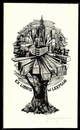 Exlibris W. Leeman, Stadt wächst auf einem Baum