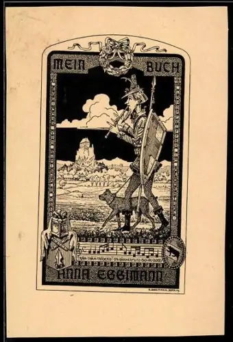 Exlibris Anna Ebbimann, Ritter mit Flöte und Hund vor Burg