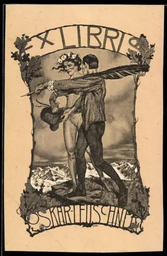 Exlibris Karl Leuschner, Mann mit Feder steht vor einer nackten Frau auf einem Berg