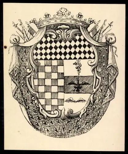 Exlibris Wappen mit Schachbrettmuster und Krone