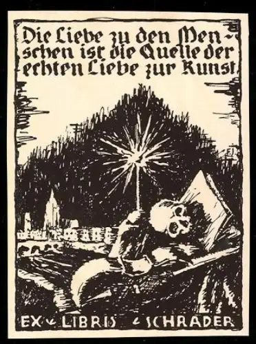 Exlibris Schrader, Die Liebe zu den Menschen ist die Quelle der Kunst, Schädel auf einem Buch
