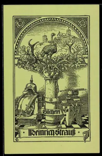 Exlibris Heinrich Strauss, Burg und Strauss auf Säule